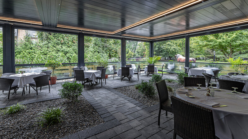 Patio seating with set tables