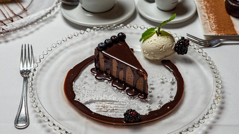 Chocolate cake with side of vanilla ice cream